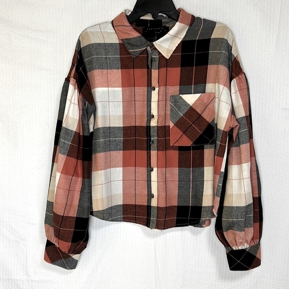 Sanctuary Bianca Puff Sleeve Nector Plaids Flannel Button Down Top - Size Large - Picture 2 of 9